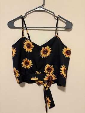 Sunflower Print Black Cropped Tie-Back Cami Top